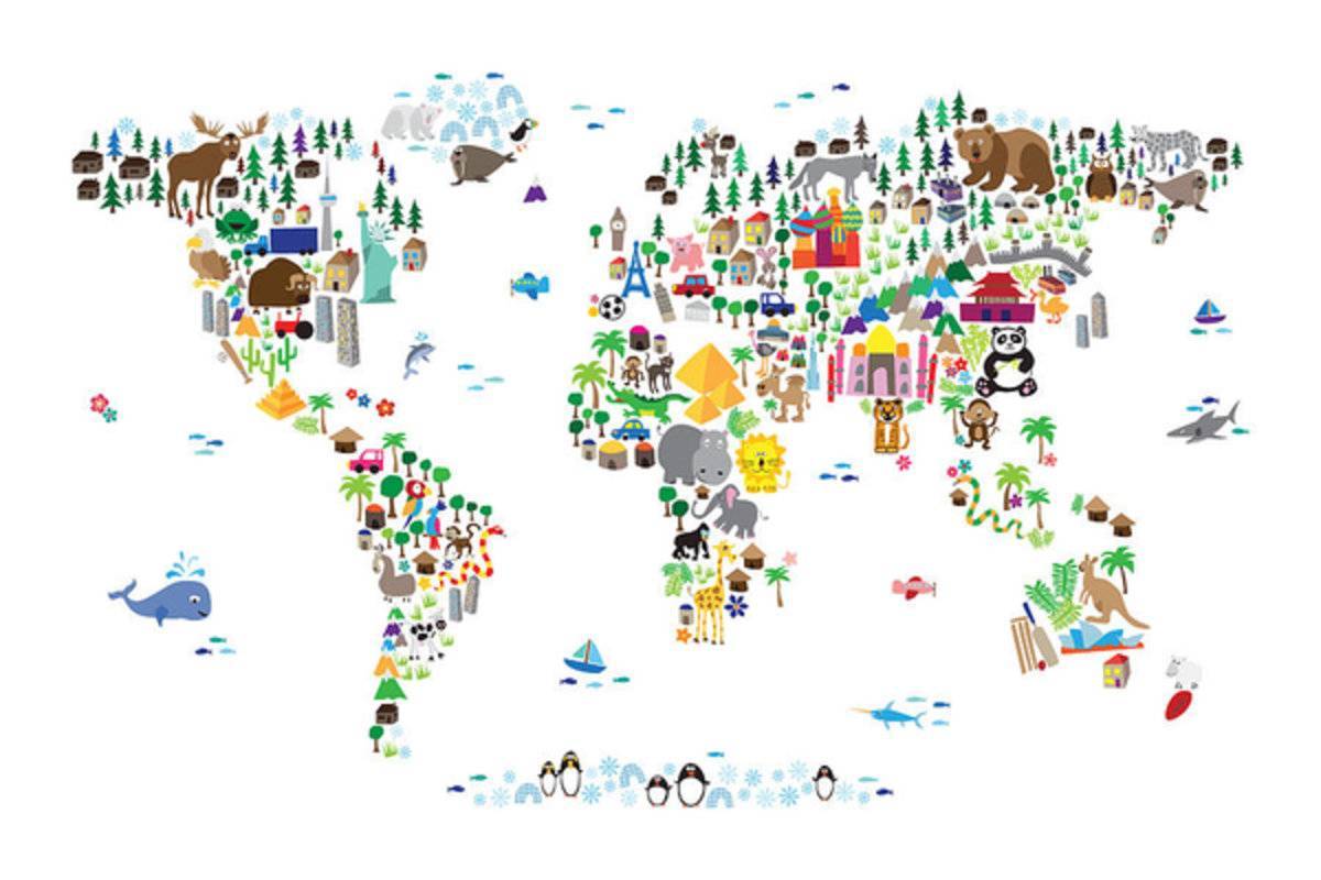Animal Map Of The World For Children And Kids - Poster | Canvas Wall Art Print