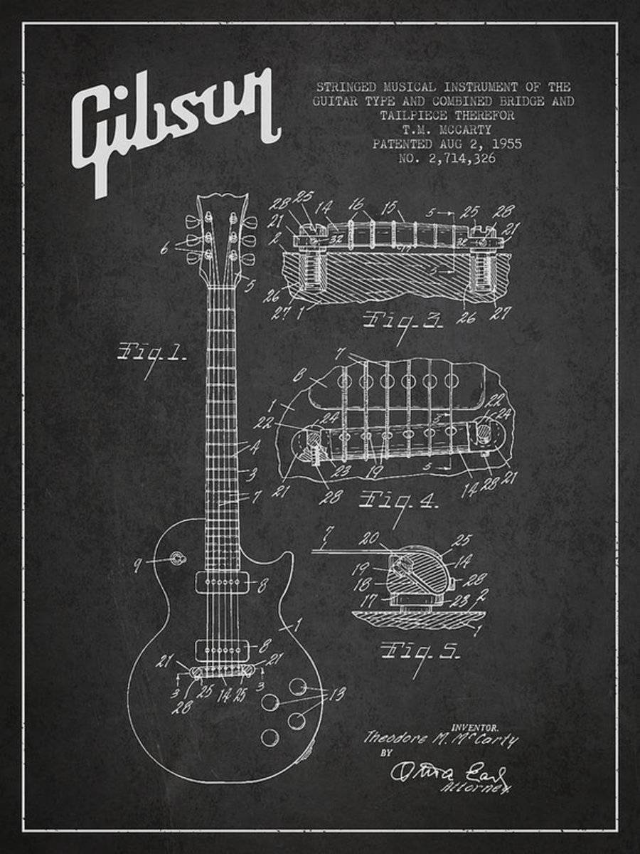 Mccarty Gibson Les Paul Guitar Patent Drawing From 1955 - Dark - Poster | Canvas Wall Art Print
