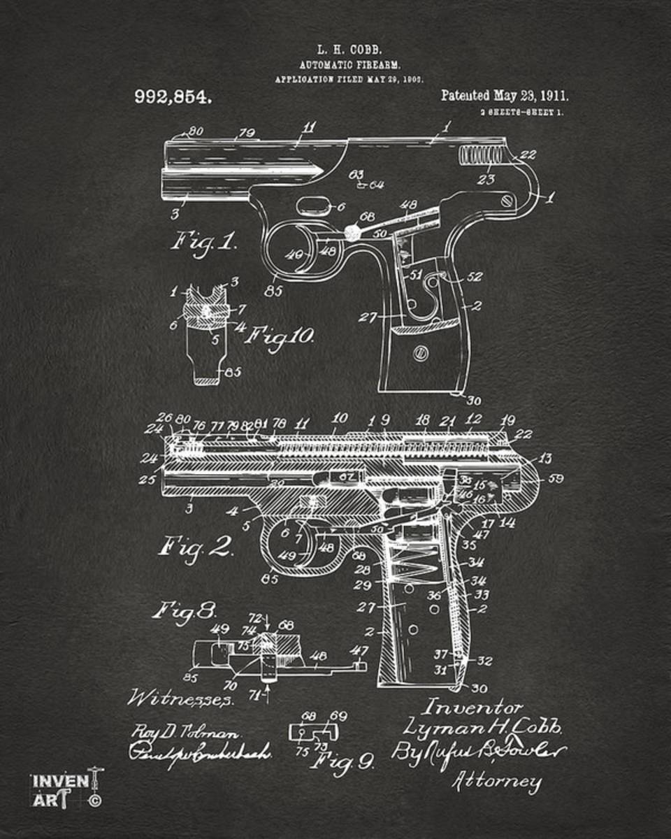 1911 Automatic Firearm Patent Artwork - Gray - Poster | Canvas Wall Art Print