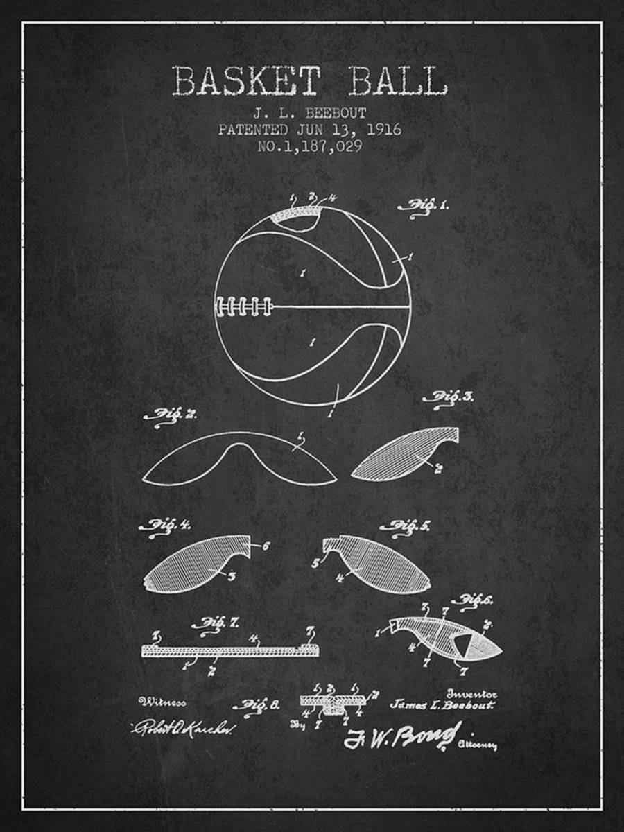 1916 Basket Ball Patent - Charcoal - Poster | Canvas Wall Art Print