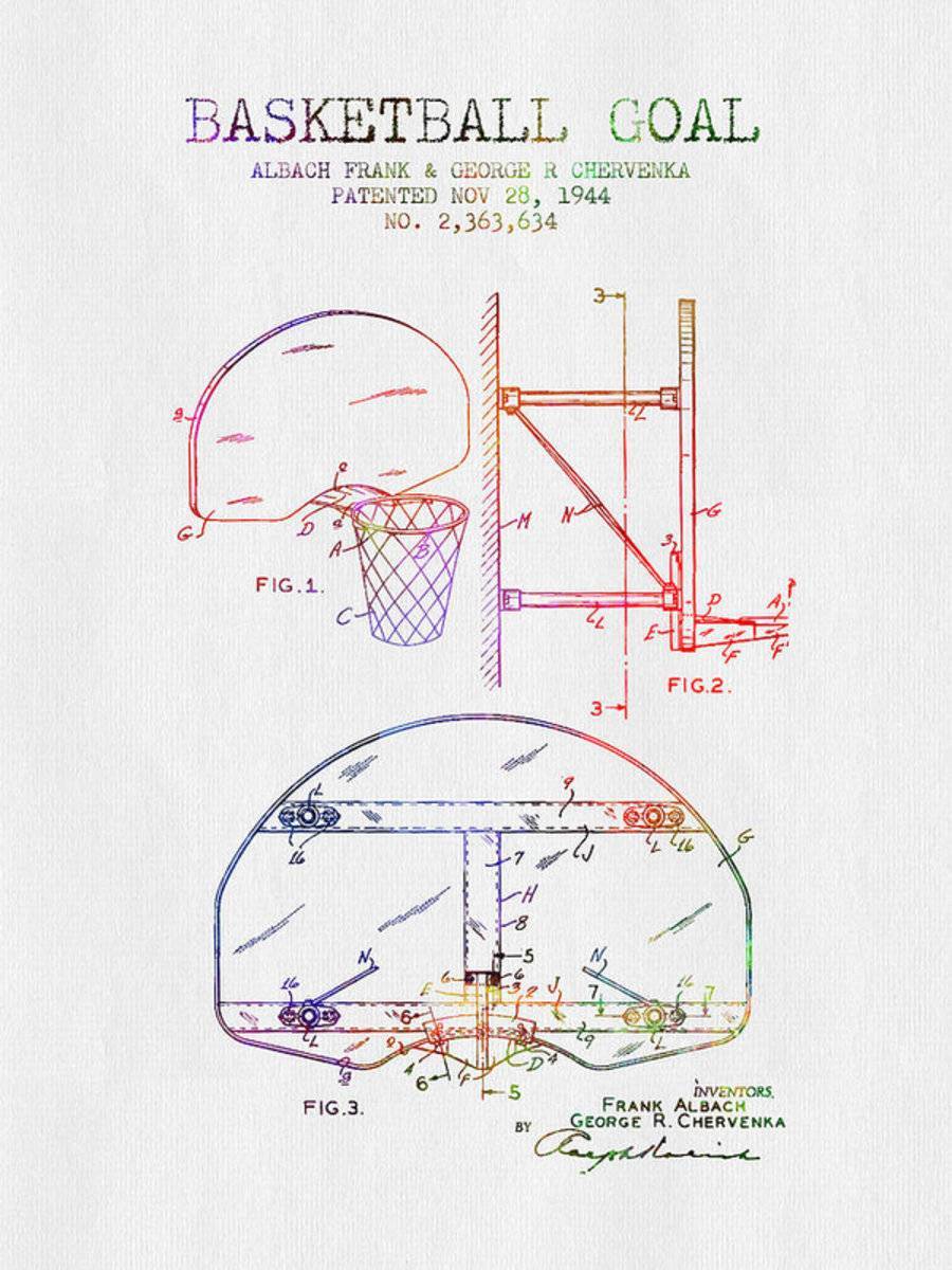 1944 Basketball Goal Patent - Color - Poster | Canvas Wall Art Print
