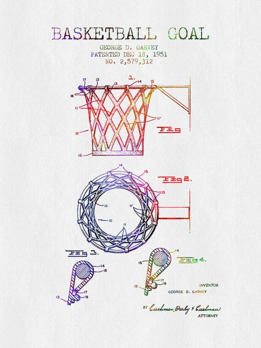 1951 Basketball Goal Patent - Color - Poster | Canvas Wall Art Print