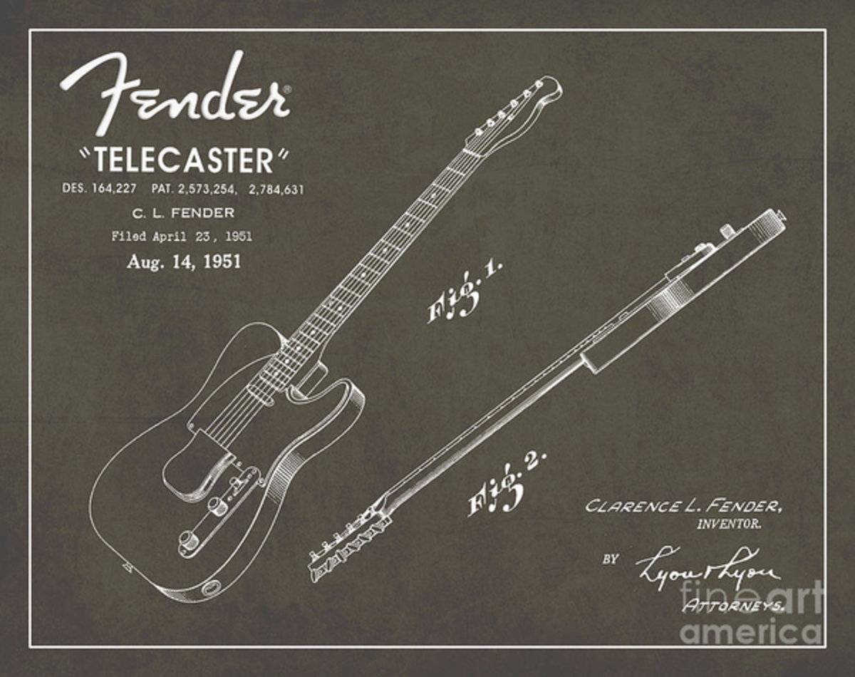 1951 Fender Telecaster Guitar Patent Art In White Chalk On Gray - Poster | Canvas Wall Art Print