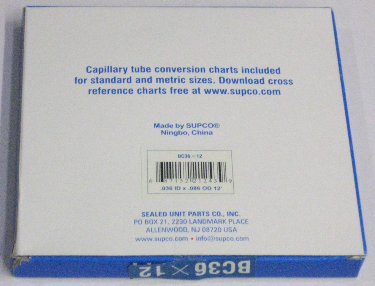 Supco Bullet Restricto Cap Tube Capillary Tubing .036 ID X 12 FT HVAC