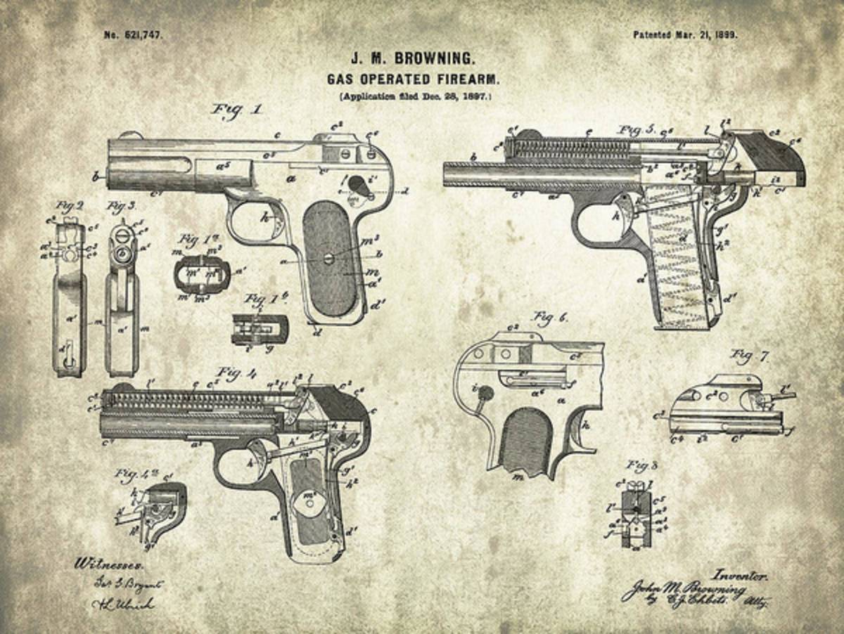 Automatic Pistol Operated By Gas - Patent Drawing For The 1899 Gas Operated Firearm By J. Browning - Poster | Canvas Wall Art Print