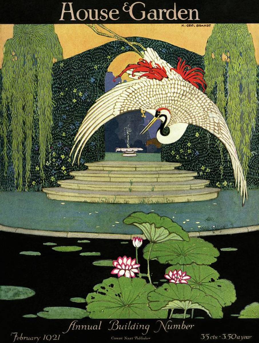 A House And Garden Cover A Bird Over A Pond - Poster | Canvas Wall Art Print