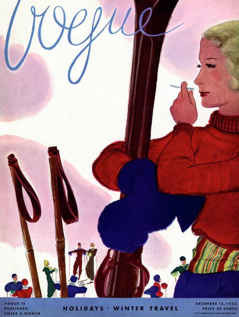 A Vogue Cover Of A Woman Holding Skis Smoking - Poster | Canvas Wall Art Print