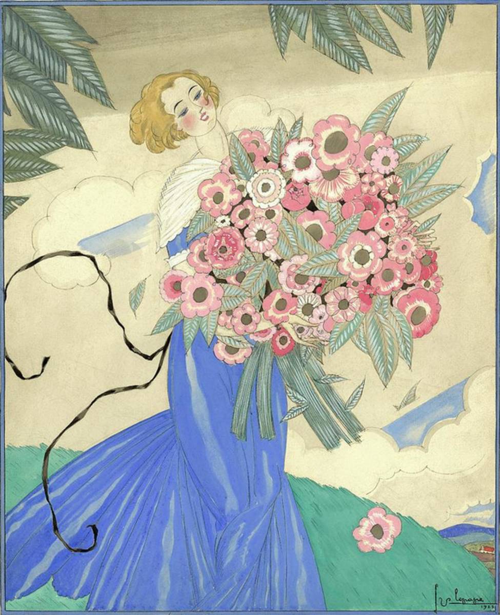 A Woman In A Blue Dress Holding A Bouquet - Poster | Canvas Wall Art Print
