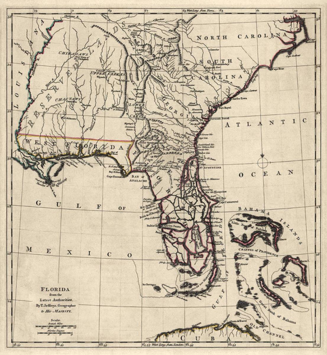 Antique Map Of Florida And The Southeast By Thomas Jefferys - 1768 - Poster | Canvas Wall Art Print