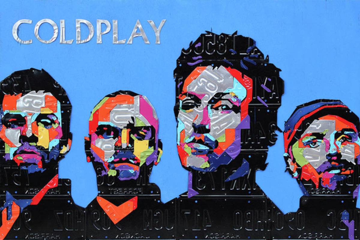 Coldplay Band Portrait Recycled License Plates Art On Blue Wood - Poster | Canvas Wall Art Print