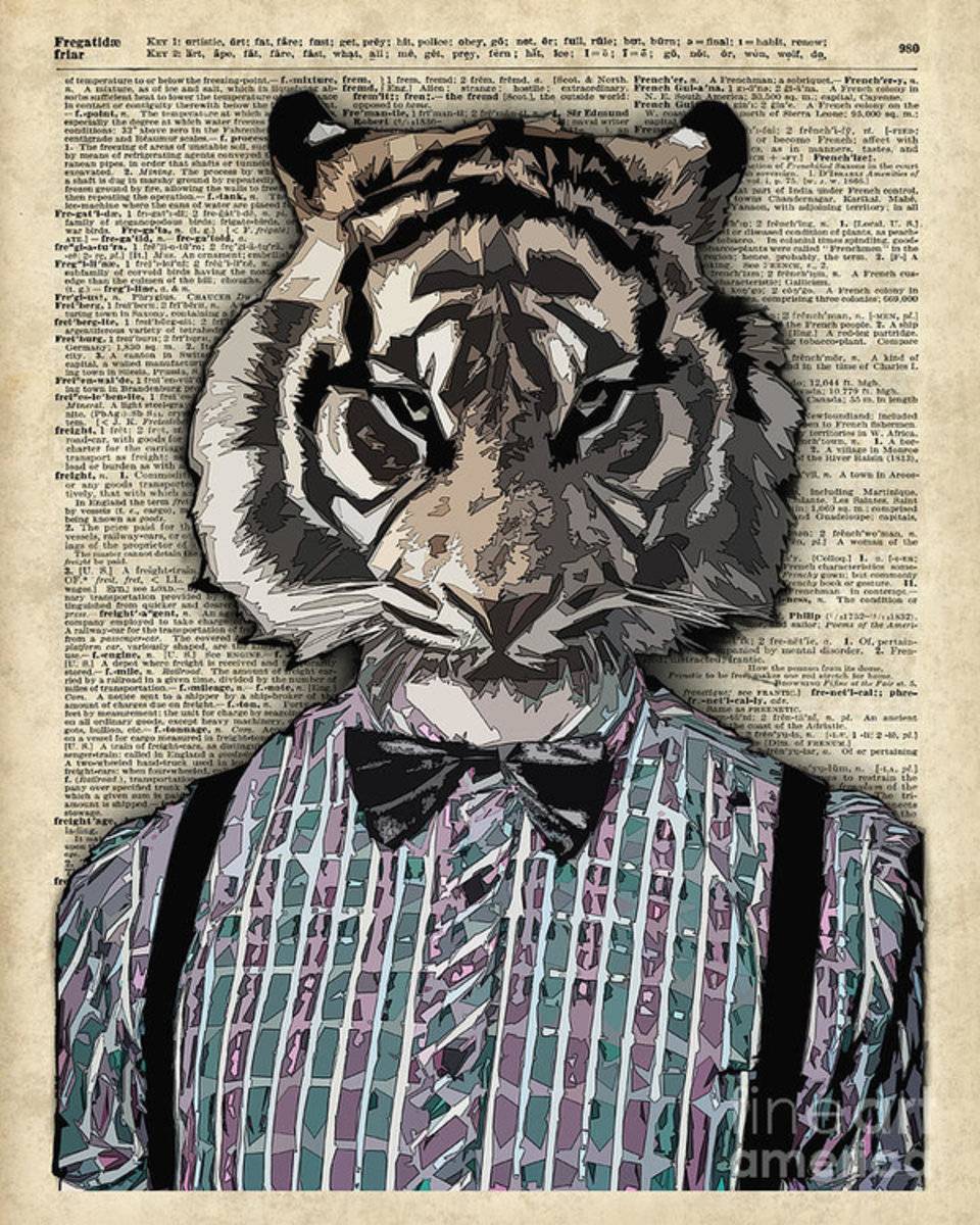 Hipster Tiger Plaid Shirt Vintage Dictionary Art Beatnik Art - Poster | Canvas Wall Art Print