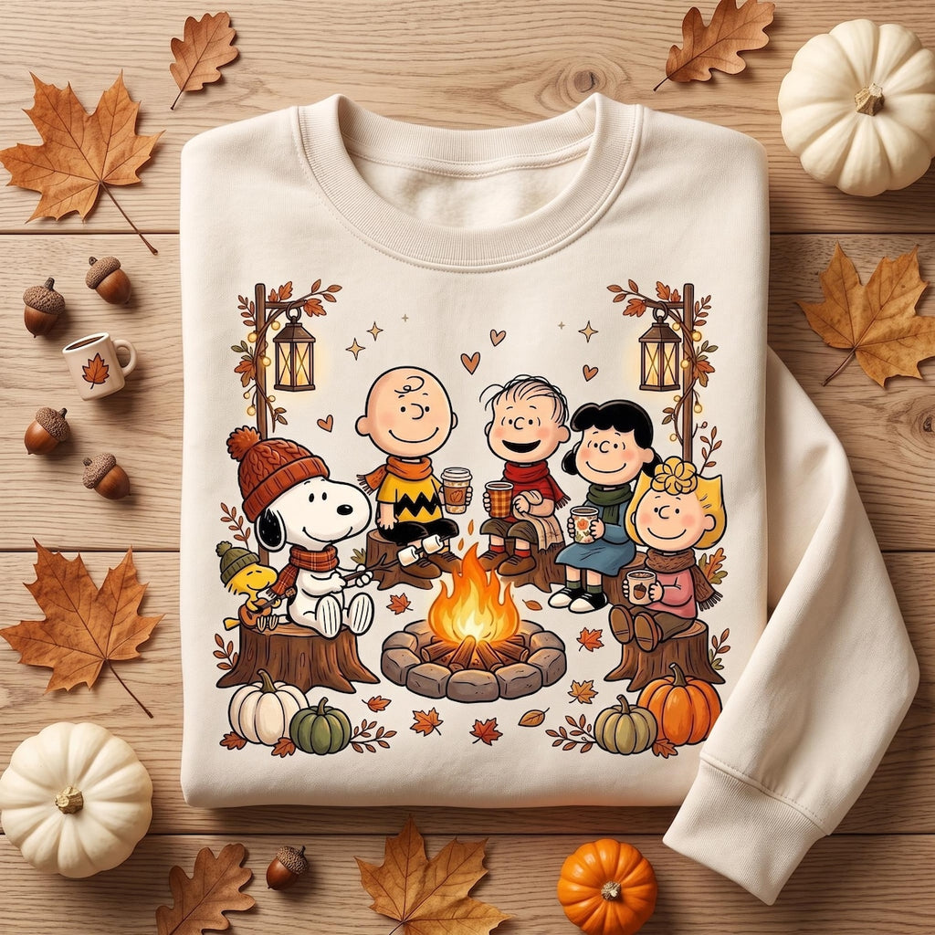 Comfort Colors Snoopy Fall Campfire Shirt Women, Peanuts Friends Autumn Camping Pumpkin Season Cozy Halloween Graphic Tee, Gift for Her Aesthetic