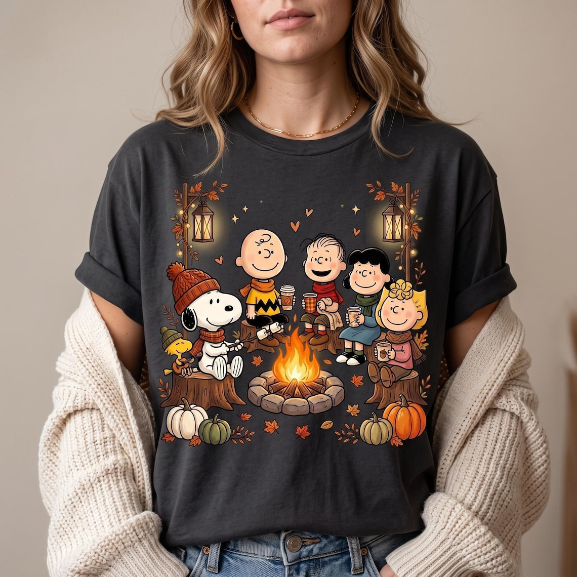 Comfort Colors Snoopy Fall Campfire Shirt Women, Peanuts Friends Autumn Camping Pumpkin Season Cozy Halloween Graphic Tee, Gift for Her Aesthetic