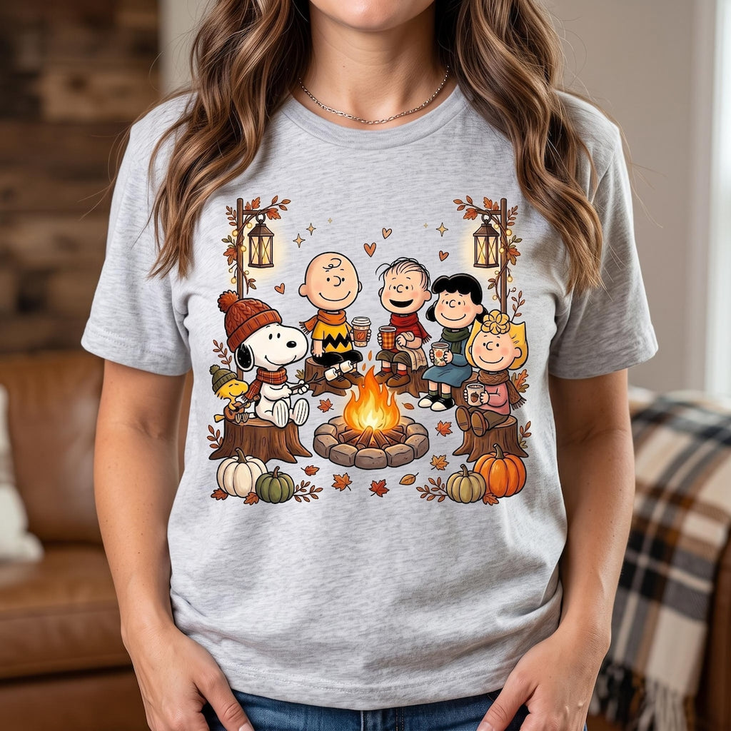 Comfort Colors Snoopy Fall Campfire Shirt Women, Peanuts Friends Autumn Camping Pumpkin Season Cozy Halloween Graphic Tee, Gift for Her Aesthetic