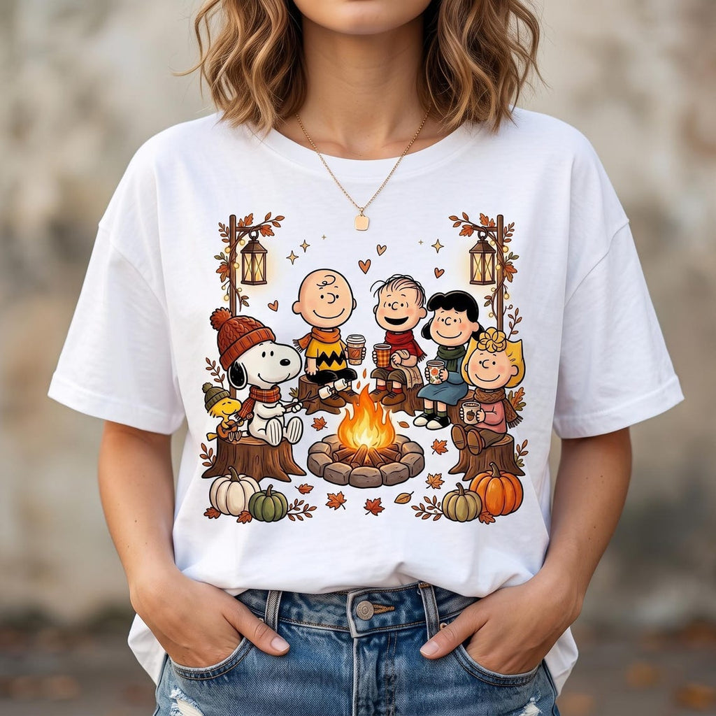 Comfort Colors Snoopy Fall Campfire Shirt Women, Peanuts Friends Autumn Camping Pumpkin Season Cozy Halloween Graphic Tee, Gift for Her Aesthetic