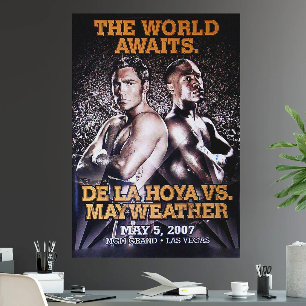 Floyd Mayweather Jr vs Oscar De La Hoya World Awaits Welterweight Bout Championship Title Boxing - Poster | Canvas Wall Art Print