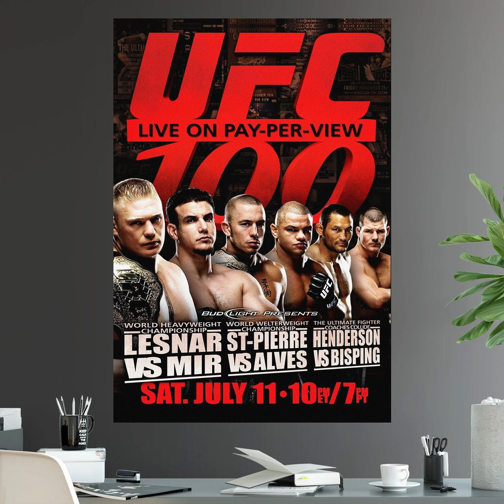 UFC 100 Brock Lesnar vs Frank Mir George St Pierre GSP vs Thiago Alves Dan Henderson vs Michael Bisping Championship Title - Poster | Canvas Wall Art Print