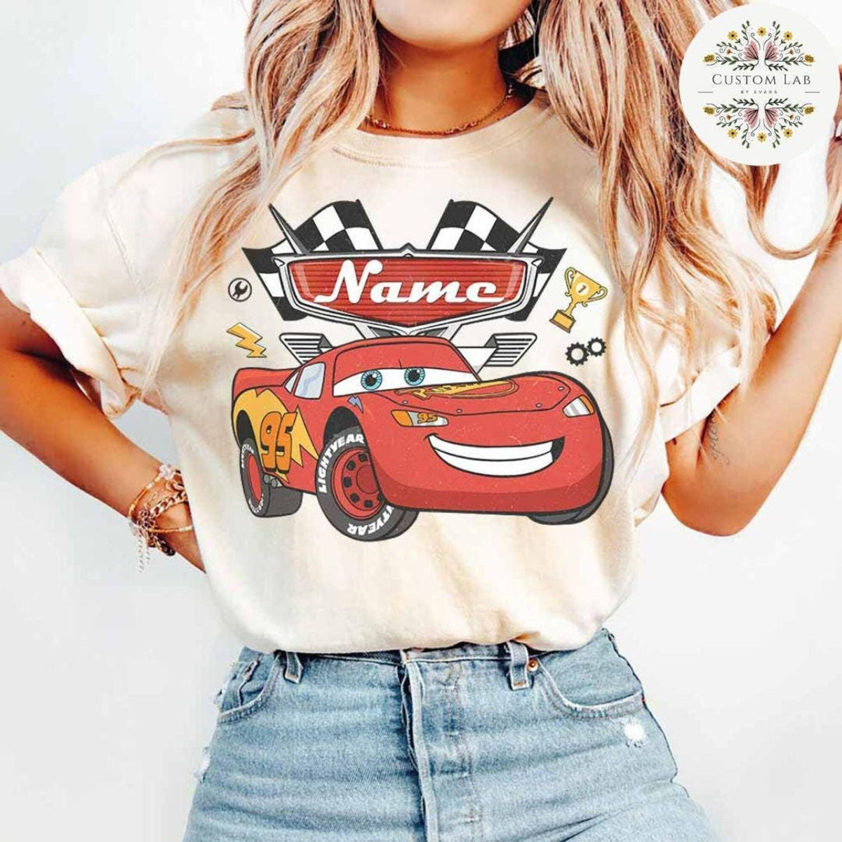 Comfort Colors Personalized Lightning McQueen Shirt Women, Disney Cars Tow Mater Doc Hudson Sally Carrera Cars Land Family Group Matching Birthday Graphic Tee, Gift for Her Aesthetic
