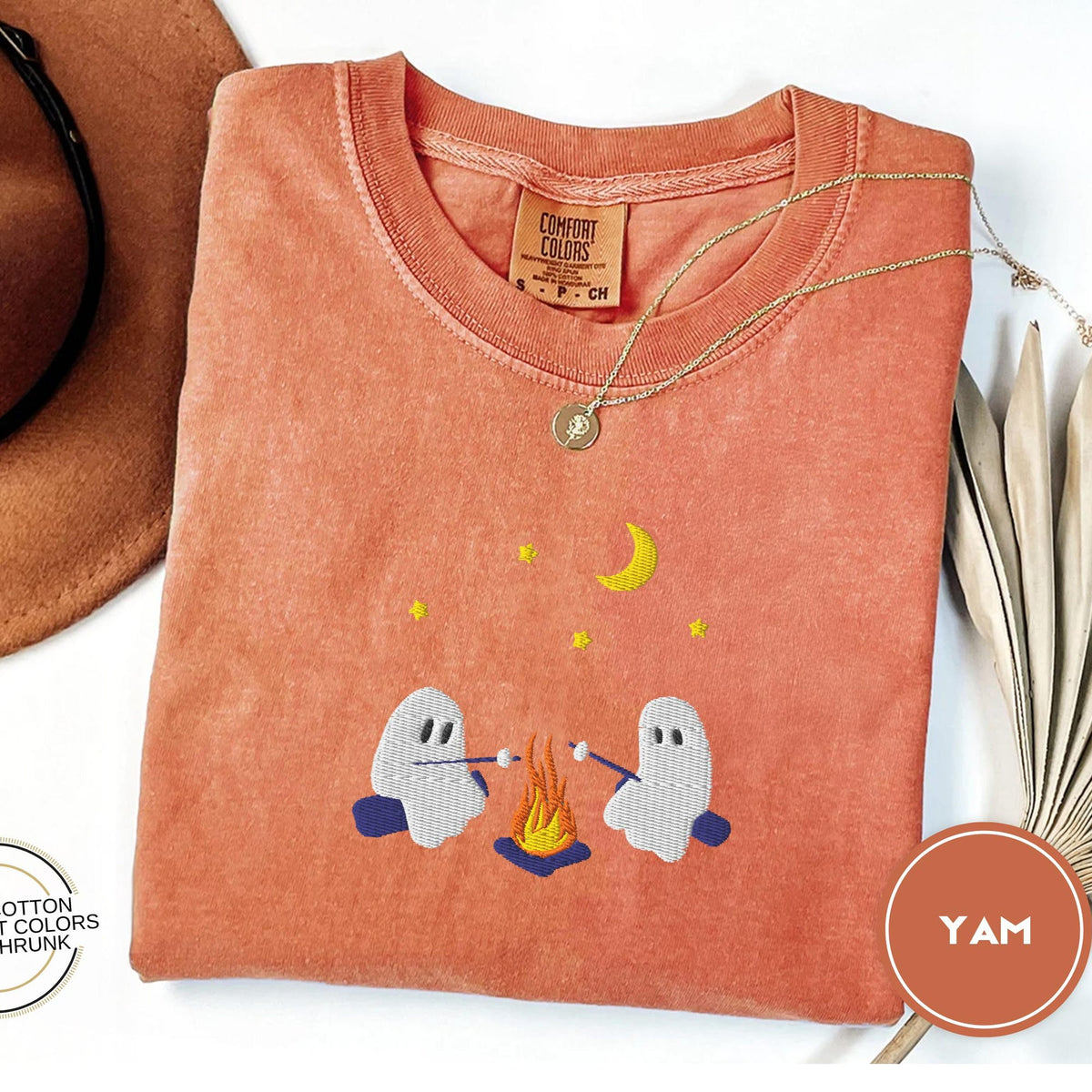 Cute Ghosts Camping Embroidered Comfort Colors Tee Spooky Season Outdoors Gifts Halloween Vintage Embroidery Tshirt