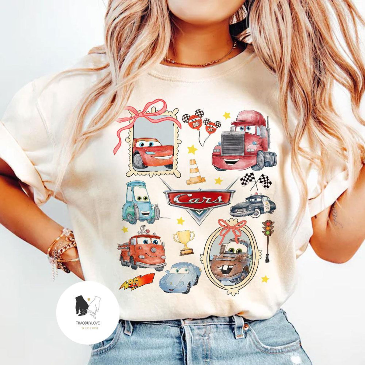 Comfort Colors Retro Coquette Bows Lightning McQueen Shirt Women, Disney Cars Mater Doc Hudson Sally Carrera Birthday Family Girl Trip Graphic Tee, Gift for Her Aesthetic
