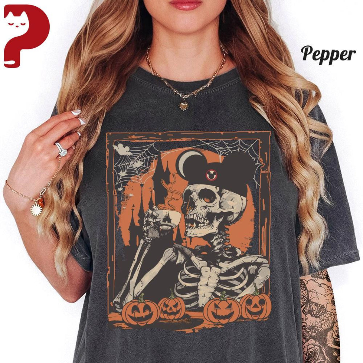 Spooky Magical Halloween Shirt Skeleton with Mickey Drinking Coffee Tee Castle Pumpkin Fall Graphic Tee Halloween 2026 Shirt