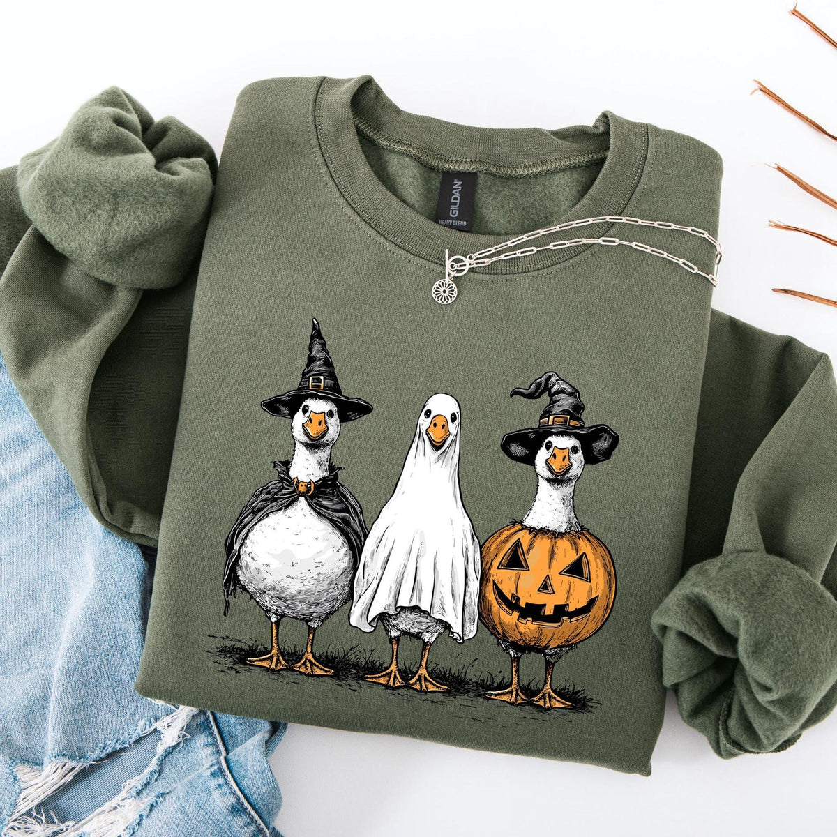 Funny Halloween Goose SweatshirtSpooky Season Unisex PulloverGhost Pumpkin Duck Fall ShirtHalloween Gift TeeWoman Halloween Sweatshirt
