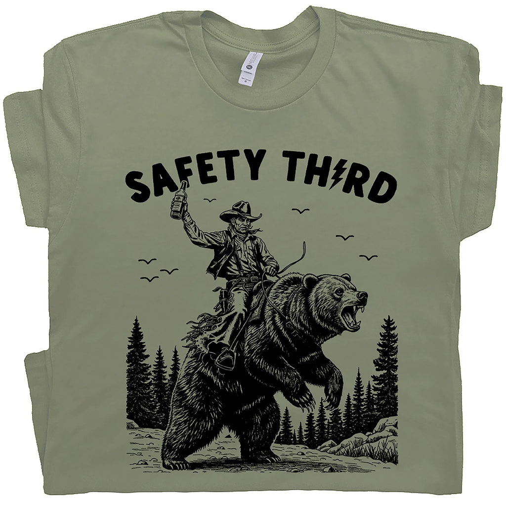 Safety Third Shirt Funny T Shirt Cool Graphic Shirts for Men Women Guys Grizzly Bear T Shirt Yellowstone Park Tee Nature Crazy Novelty Shirt