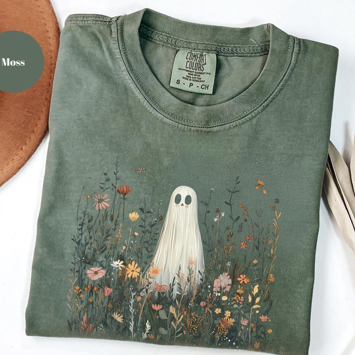 Comfort Colors Halloween Graphic Tee Cute Ghost with Wildflowers  Vintage Style