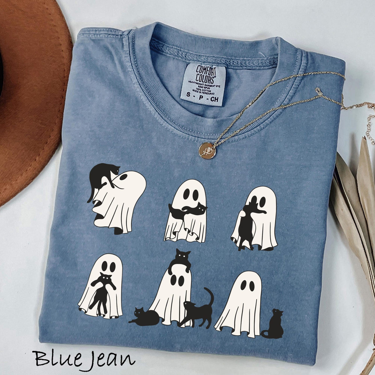 Comfort Colors Black Cat Ghost Shirt Funny Halloween TShirt Cute Spooky Tee With Cats And Ghosts Fall Season Sweatshirt For Women