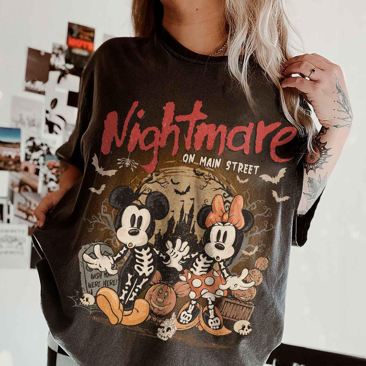 Vintage Mickey  Minnie Skeleton Nightmare On Main Street Comfort Colors Shirts Mickey Skeleton Shirts Disney Trip Halloween 2026 Shirts