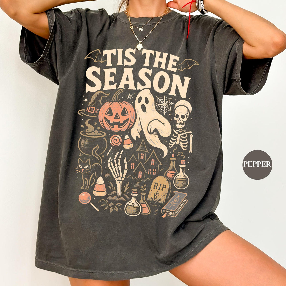 Vintage Halloween Comfort Colors T Shirt  Retro Tis The Season Skeleton Pumpkin Ghost Halloween TShirt  Y2K Halloween  Womens Shirt