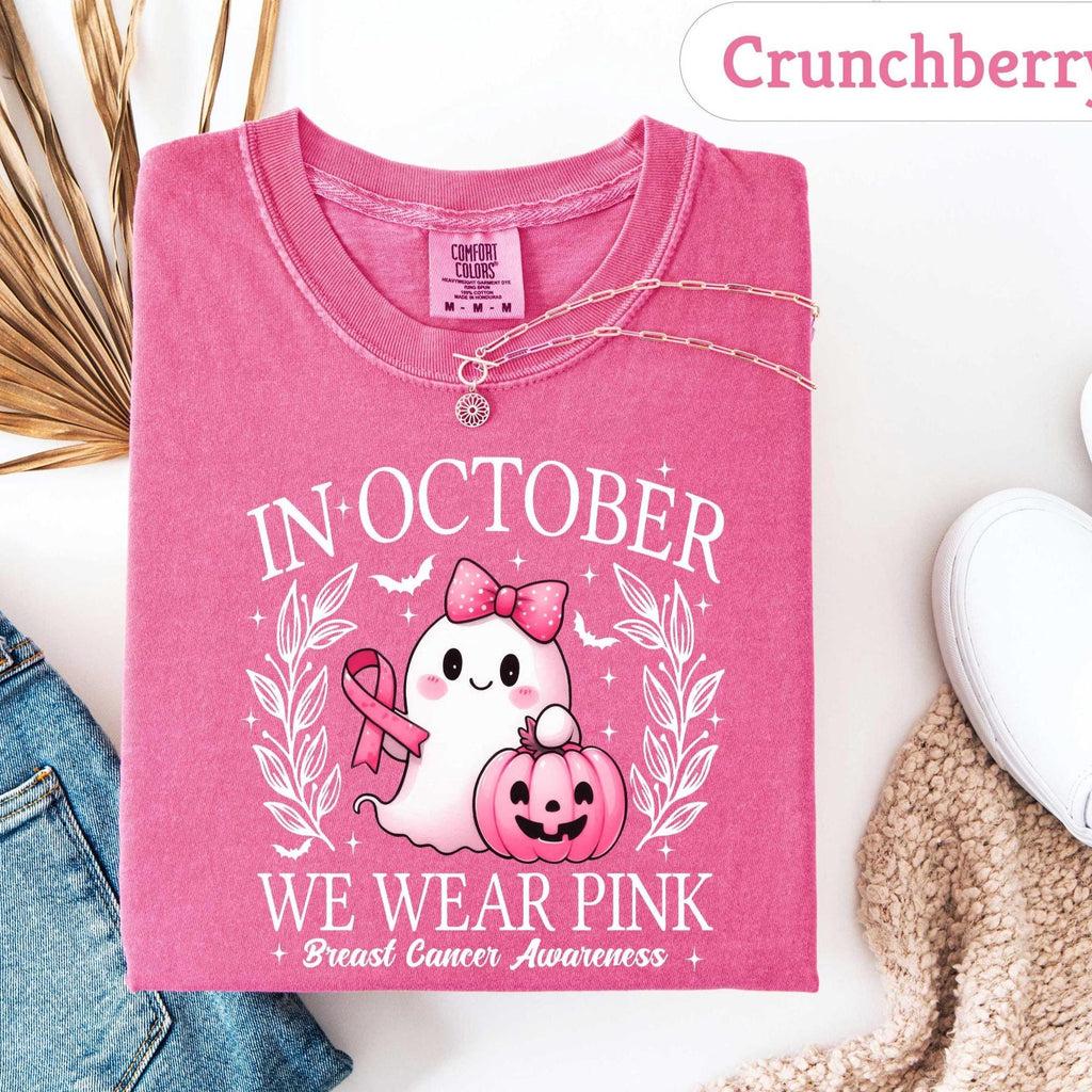 Comfort ColorsIn October We Wear Pink Ghost Sweatshirt Breast Cancer Awareness Tee Halloween Ghost Tshirt Cancer Pink Ribbon Shirt gift