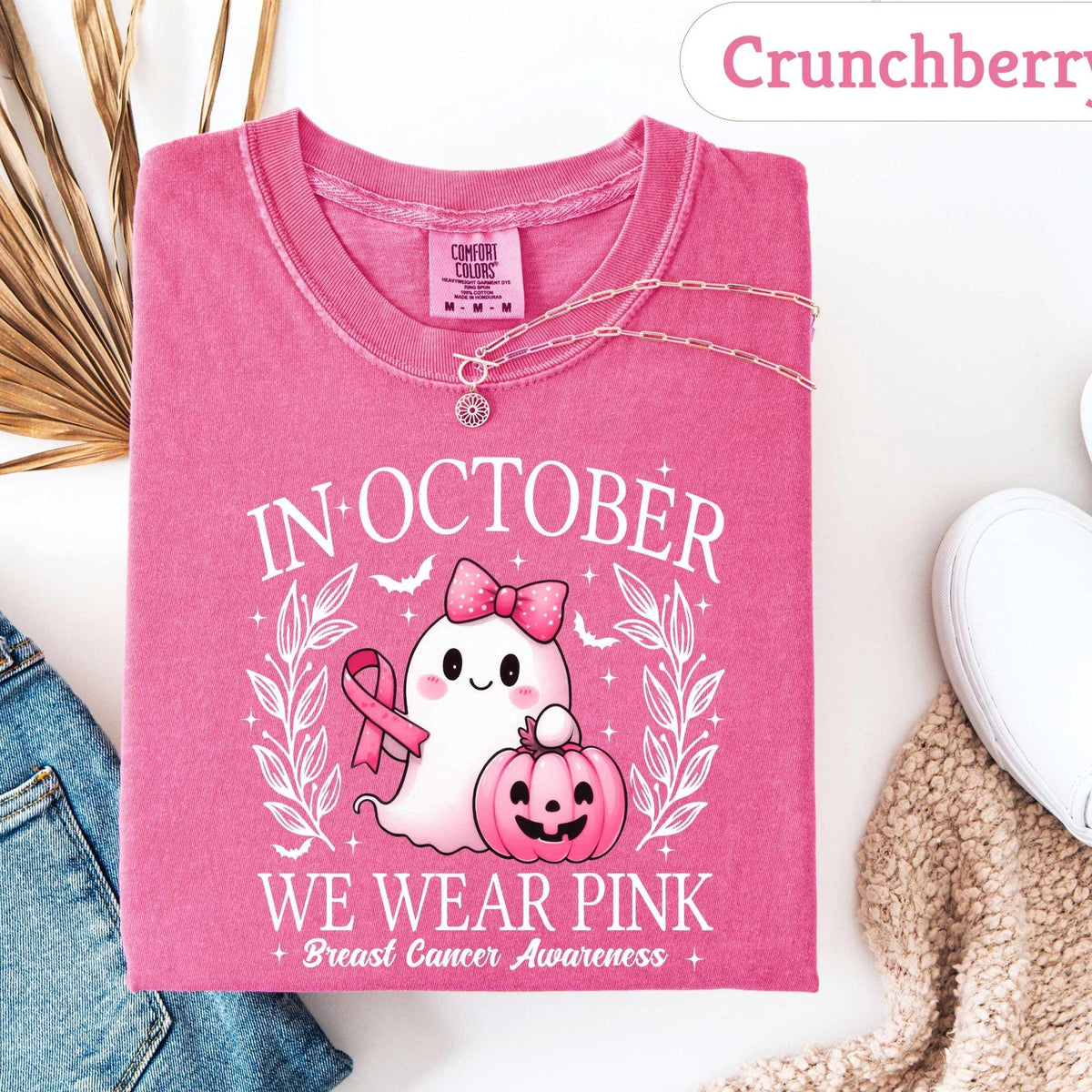 Comfort ColorsIn October We Wear Pink Ghost Sweatshirt Breast Cancer Awareness Tee Halloween Ghost Tshirt Cancer Pink Ribbon Shirt gift