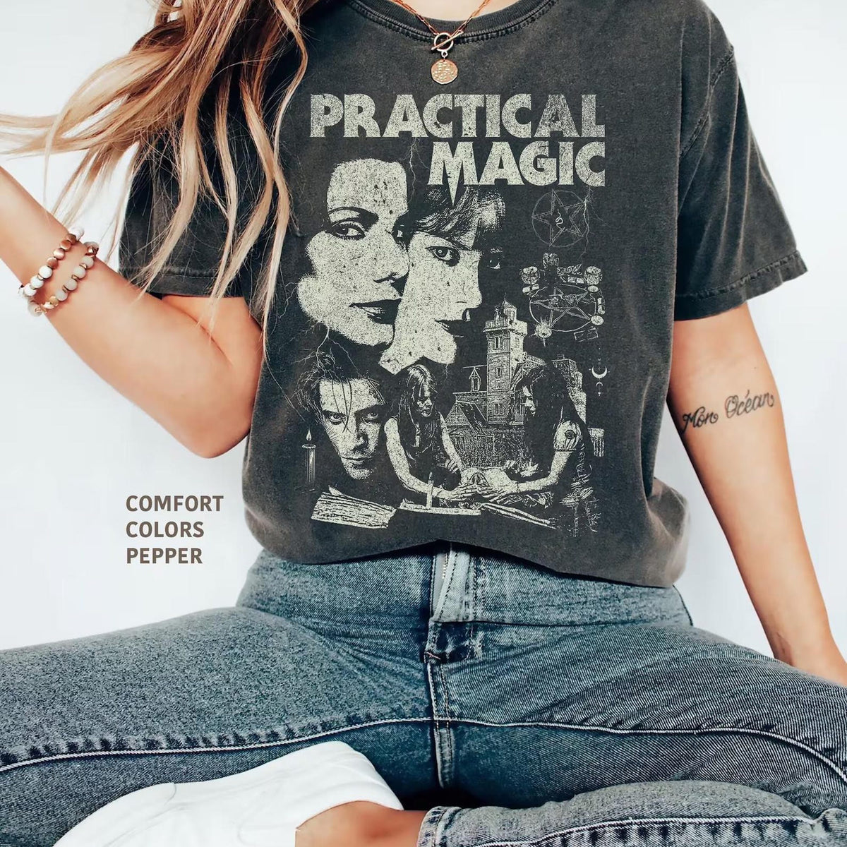 Comfort Colors Practical Magic Vintage Witch Shirt Women, Retro Rom Com Horror Movie Halloween Graphic Tee, Spooky Season Gift for Her Aesthetic