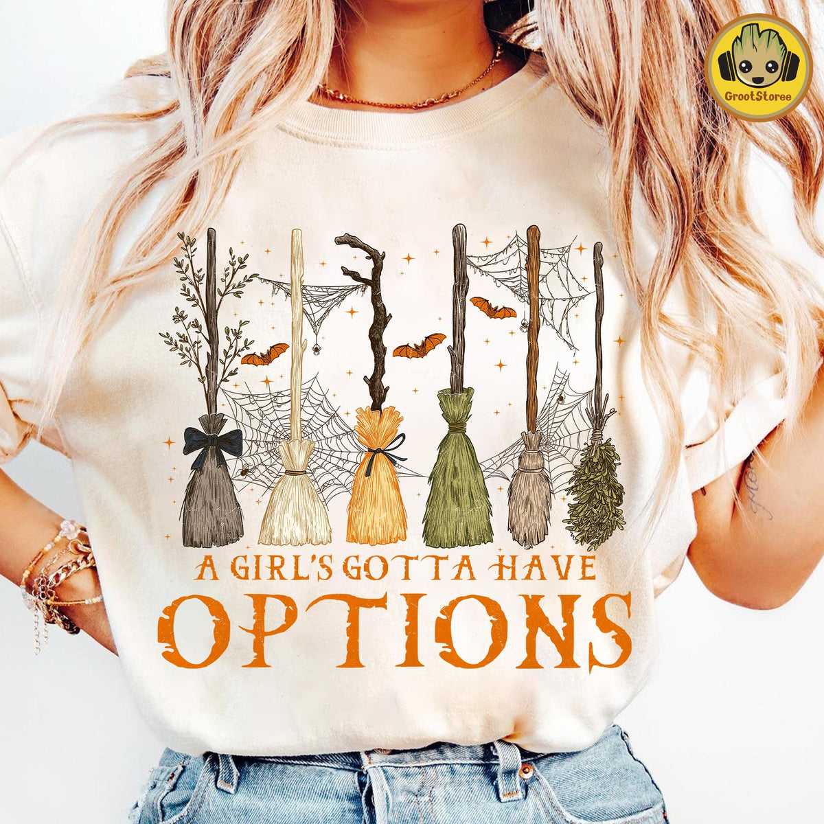 Comfort Colors Retro A Girl Gotta Have Options Shirt Women, Halloween Witches Spooky Season Feeling Witchy Trendy Girly Graphic Tee, Gift for Her Aesthetic