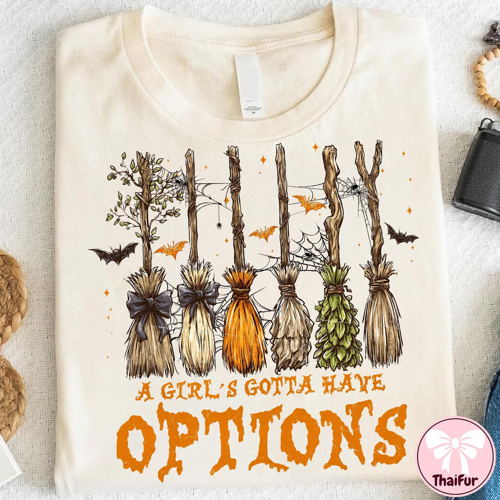 Comfort Colors Retro A Girl Gotta Have Options Shirt Women, Halloween Witches Spooky Season Feeling Witchy Girly Graphic Tee, Gift for Her Aesthetic