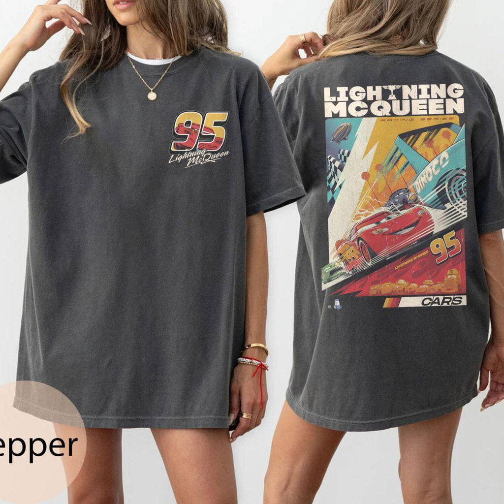 Comfort Colors Retro Lightning McQueen Two-Sided Shirt Women, Disney Pixar Cars Piston Cup WDW Family Vacation Graphic Tee, Gift for Her Aesthetic