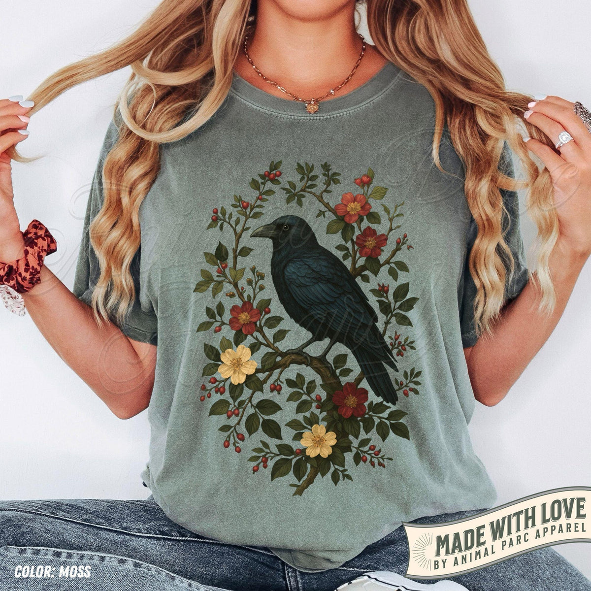 Vintage Raven T Shirt Gothic Cottagecore Tee Crow and Floral Graphic Top Dark Nature Shirt Witchy Aesthetic Gift Retro Bird Tee For Her