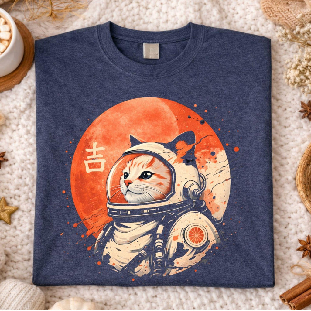 Japanese Minimalist 1950s Retro Space Cat Good Luck Kanji TShirt Vintage Sci Fi Aesthetic Lucky Symbol Graphic Tee Mid Century Style