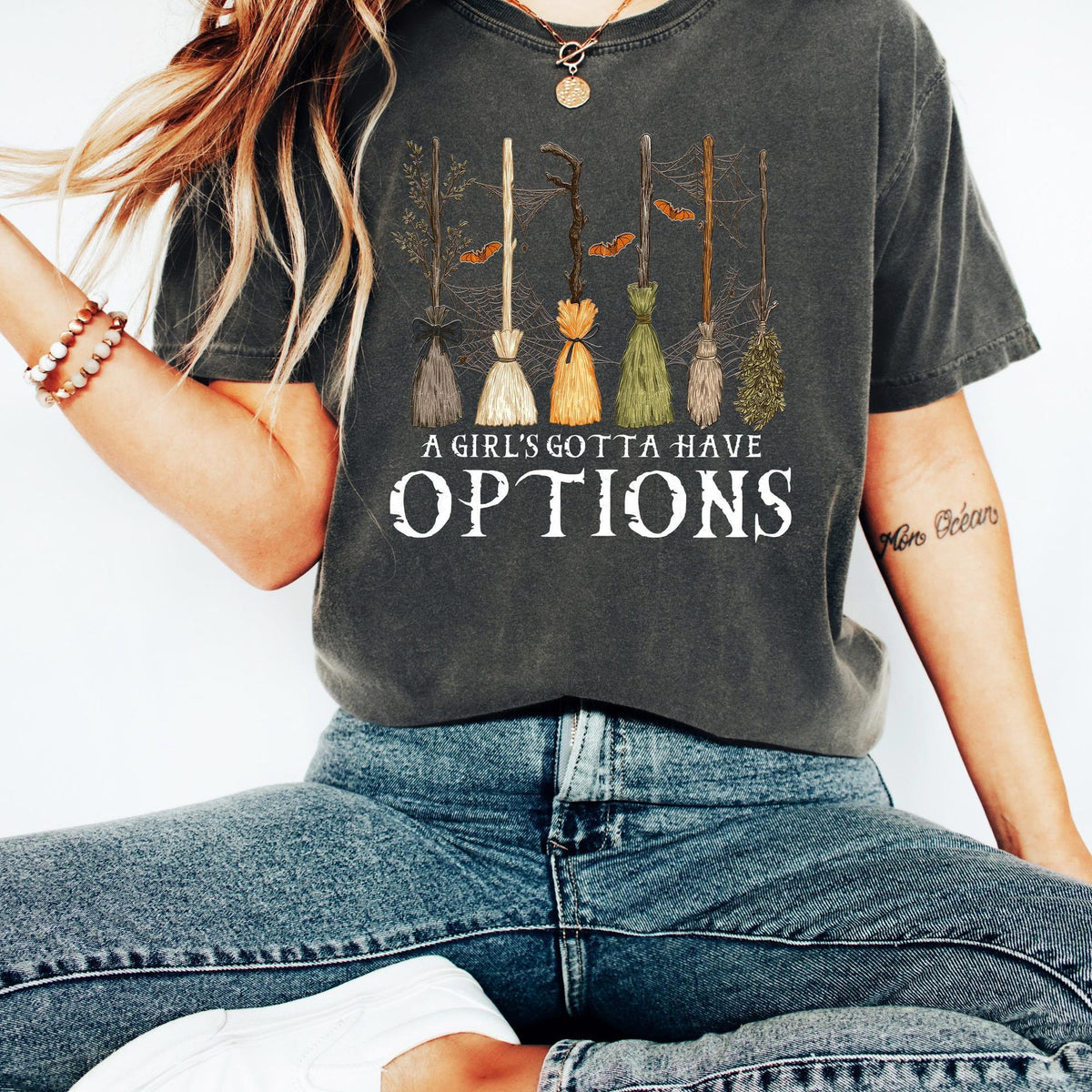 Comfort Colors A Girl Gotta Have Options Shirt Women, Retro Halloween Witches Spooky Season Feeling Witchy Trendy Graphic Tee, Gift for Her Aesthetic