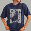 Floral Cat and Bird Tee  Folk Art Style Graphic Shirt