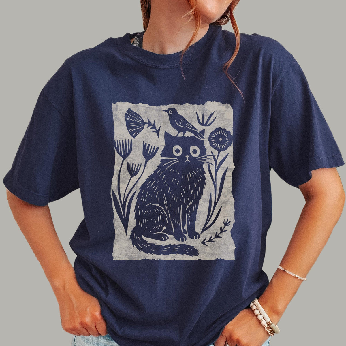 Floral Cat and Bird Tee  Folk Art Style Graphic Shirt