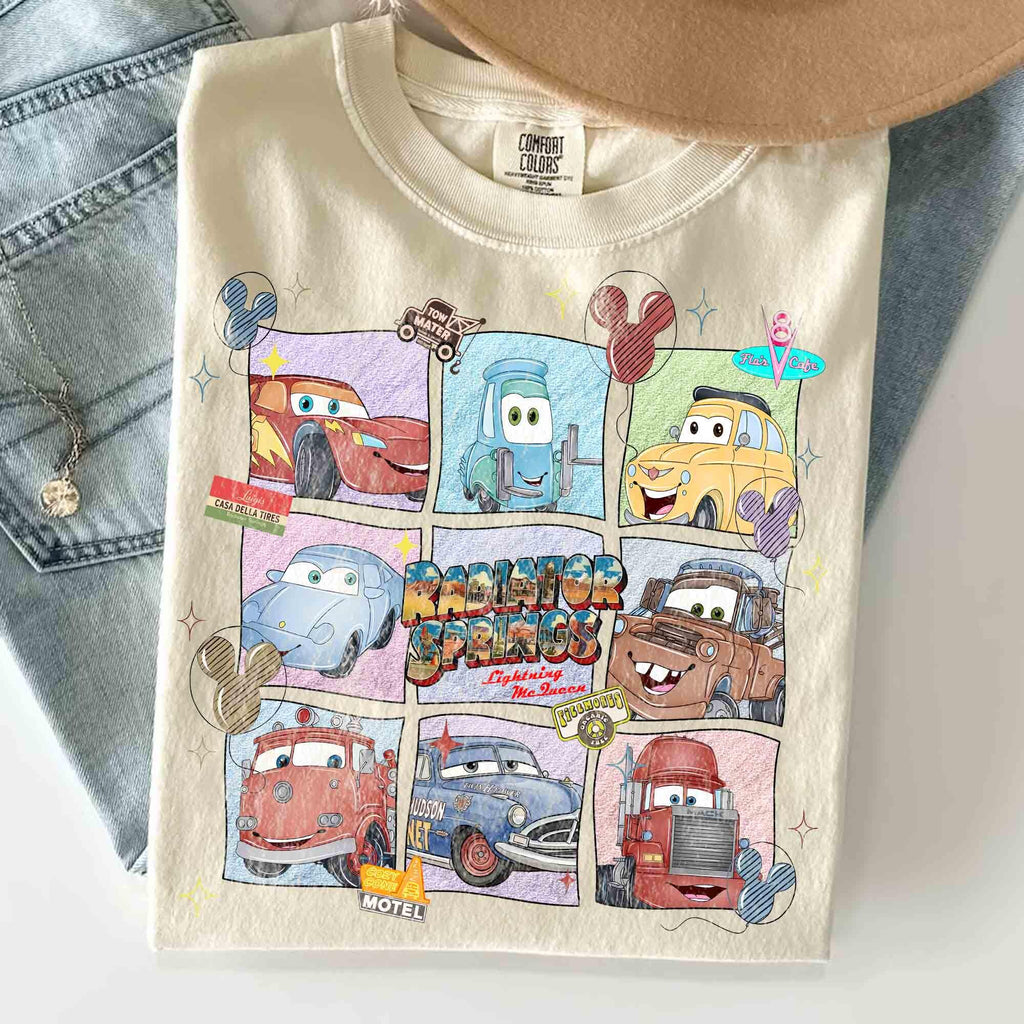 Comfort Colors Radiator Springs Lightning McQueen Shirt Women, Disney Pixar Cars Sally Tow Mater Family Disneyland Trip Movie Graphic Tee, Gift for Her Aesthetic