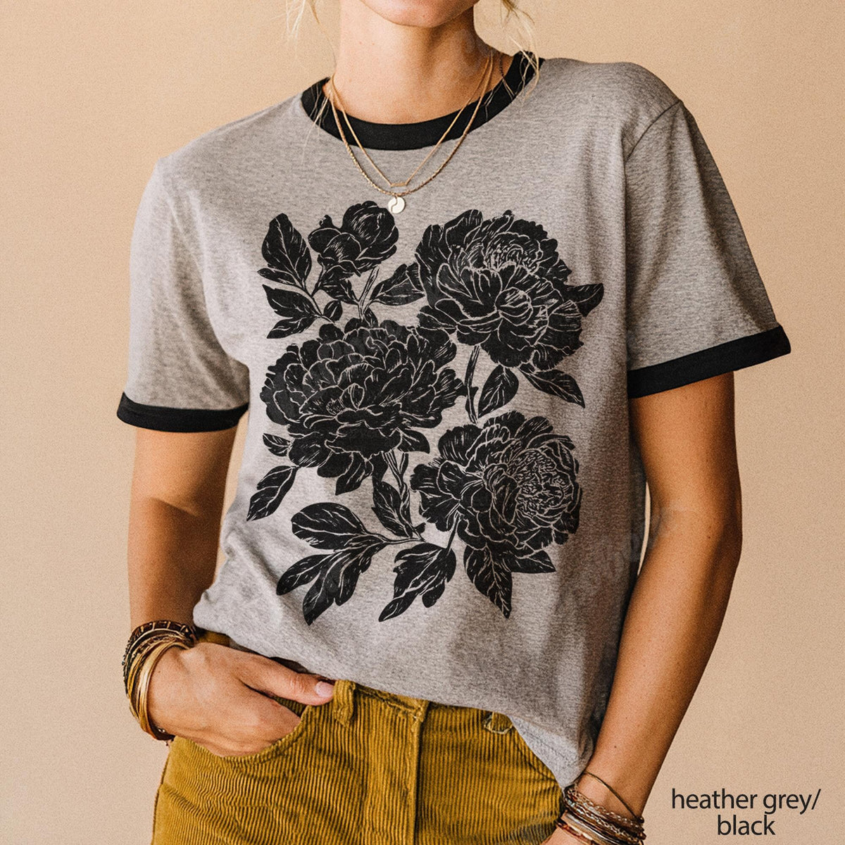 Retro Linocut Peonies Ringer TShirt Cottagecore Floral Graphic Tee Vintage Botanical Flowers T Shirt Ranunculus Boho Garden TShirt Gift