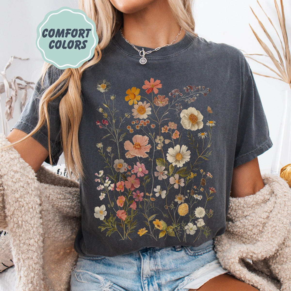 Comfort Colors Wildflowers Shirt  Delicate Printed Wild Flowers Boho Tshirt  Vintage Botanical Print  Retro Pressed Flowers Floral Tee