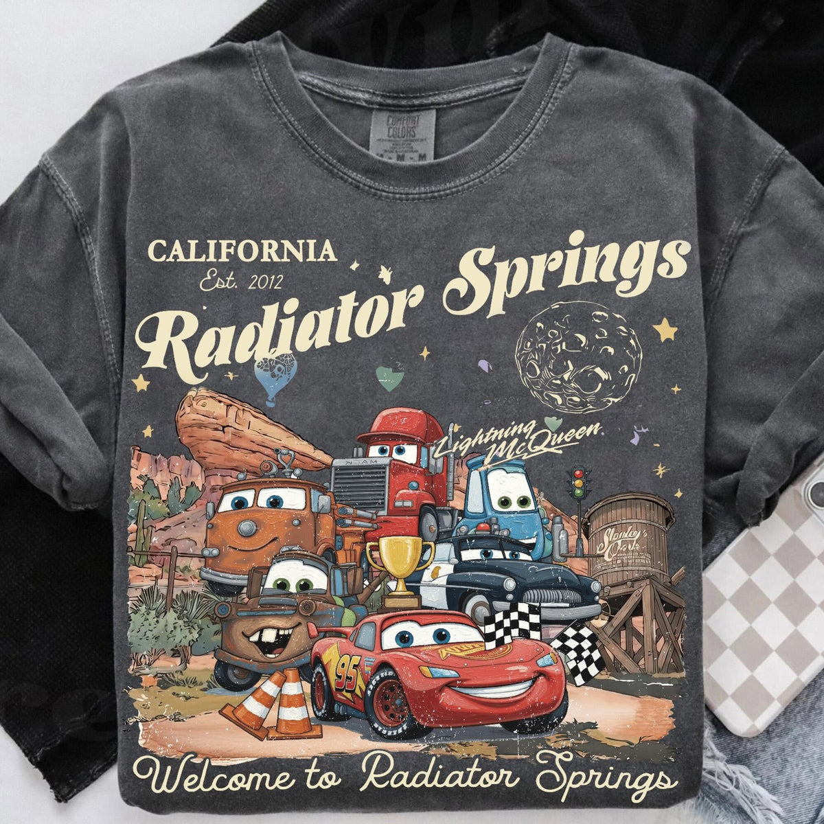 Comfort Colors Retro Radiator Springs Lightning McQueen Shirt Women, Disney Pixar Cars Family Vacation Disneyland Trip 2026 Movie Graphic Tee, Gift for Her Aesthetic