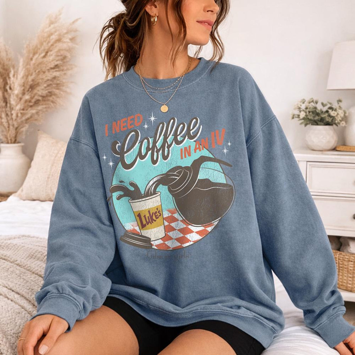 Gilmore Girls I Need Coffee in an IV Officially Licensed Adult Oversized Comfort Colors TShirt and Crewneck Sweatshirts