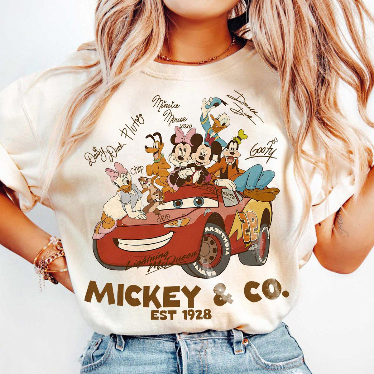 Comfort Colors Vintage Mickey and Co Lightning McQueen Shirt Women, Disney Pixar Cars Family Trip Matching Disneyland Vacation Graphic Tee, Gift for Her Aesthetic