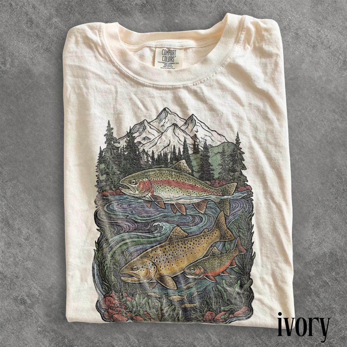 Retro Trout Fishing Graphic Tee Mountain River Fish Shirt Vintage Outdoor Wilderness Style Top Comfort Colors Fishing Gift Tee