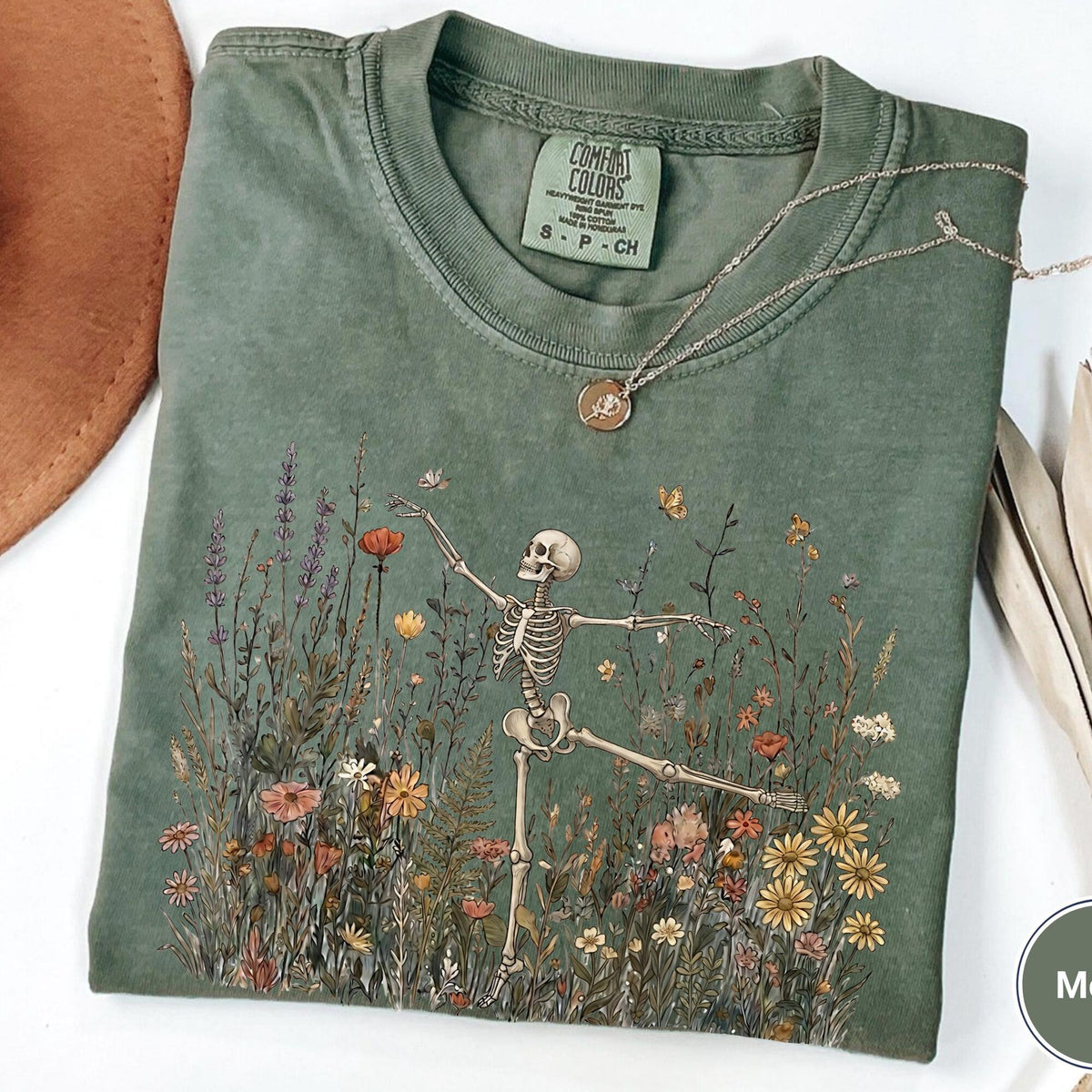 Comfort Colors Skeleton Dancing Arabesque Wildflower Botanical Floral Cottagecore Nature Lover Illustrative Womens Tshirt